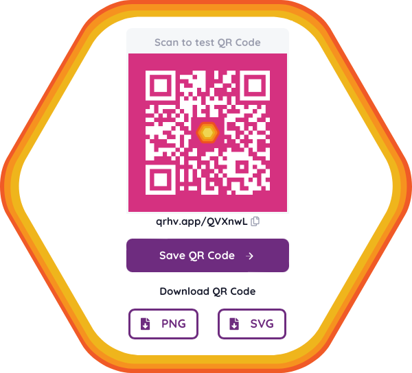 QR Code creation step number three. A pink QR code sits in the middle of a honeycomb shaped container that has a boarder of different hues of orange.